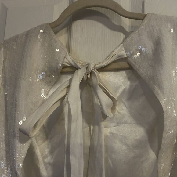 Amsale Dress Ivory White Sequin Open Back Bow Long Sleeve Sheath Mini Zip Size 6 - Picture 8 of 12